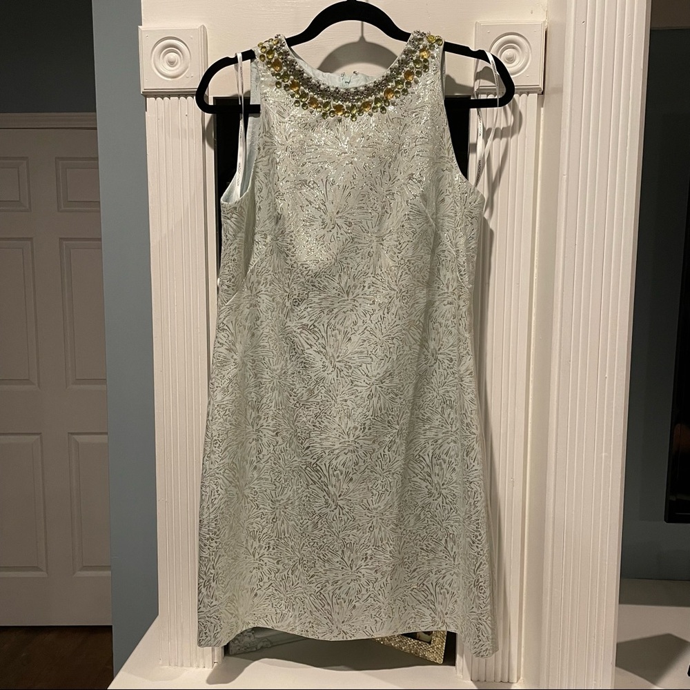 Light blue and metallic sheath dress with embellished collar